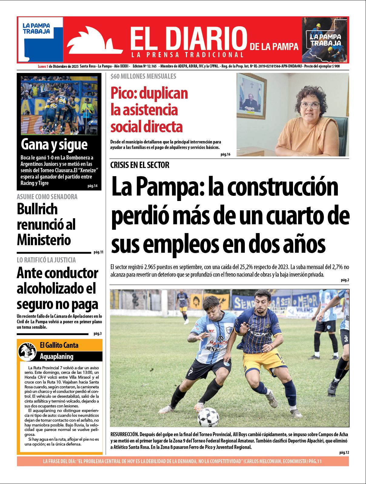 Tapa de El Diario en papel  lunes 01 de diciembre de 2025